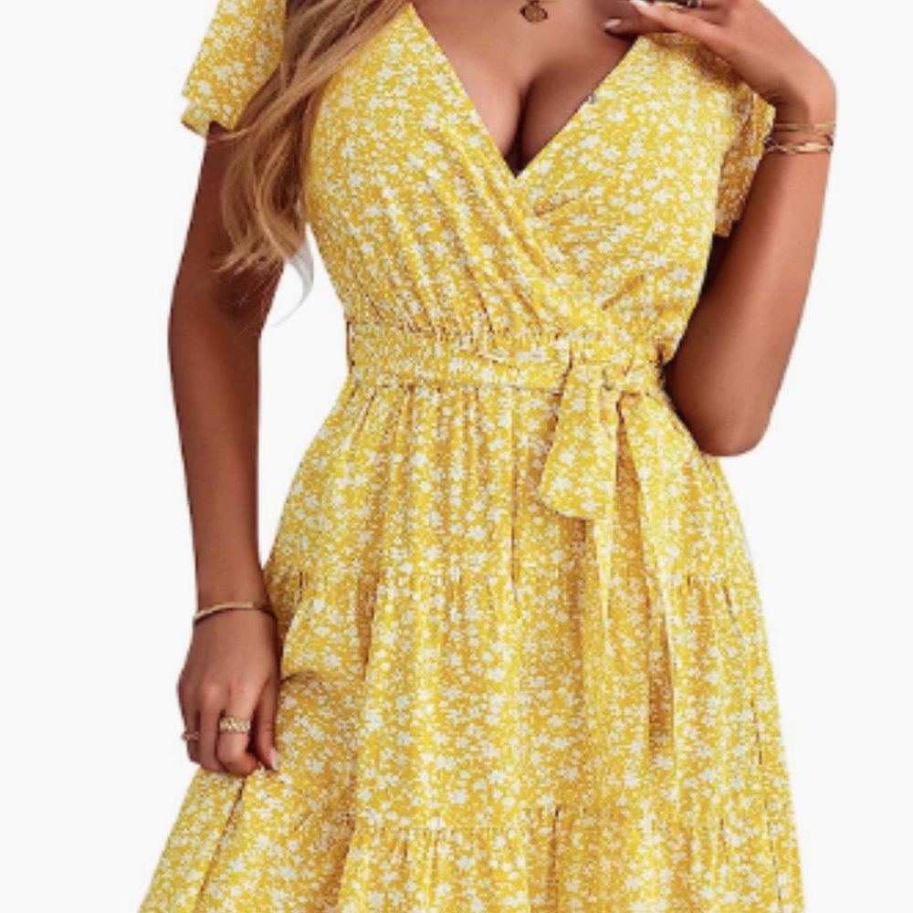 Yellow floral wrap dress